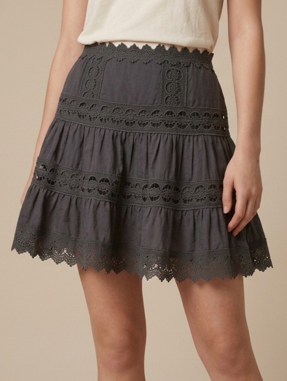 REVEL Black Lace Trim Tiered Mini Skirt Boho Cottagecore Size Medium